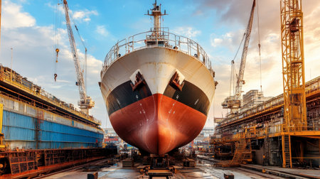 A large ship is positioned at a dry dock during sunset, surrounded by cranes and construction equipment. The scene captures the industrial effort in maritime maintenance.の素材