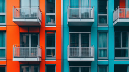 Vibrant facade of a modern building featuring colorful orange and blue panels, complemented by balconies and large windows, capturing urban aesthetics.の素材