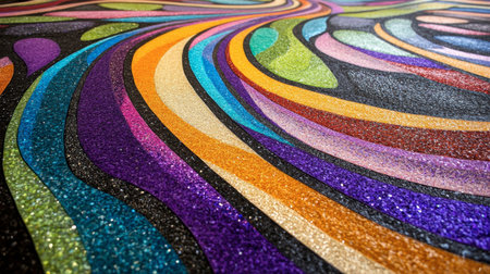 Captivating image of vibrant glitter waves on a black surface, showcasing a unique interplay of color and texture. Perfect for art-inspired projects.の素材