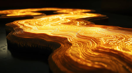 An abstract image featuring golden flowing patterns with intricate lines. This luminous design showcases texture and elegance, ideal for modern decor inspiration.の素材