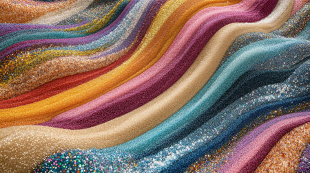 This vibrant image showcases colorful waves of glitter, creating a mesmerizing pattern. Ideal for festive themes, backgrounds, and creative projects.の素材