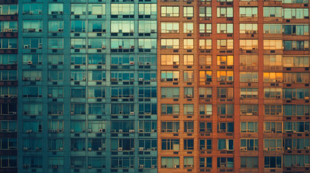 A striking view of urban building facades showcasing a blend of glass and brick structures, emphasizing design and sunlight reflections. Perfect for city-themed projects.の素材