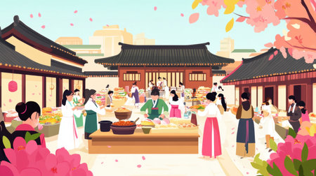This lively market scene captures the essence of a traditional Korean village during a vibrant festival, filled with food, flowers, and joyful interactions.の素材