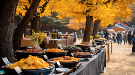 A vibrant autumn market showcasing an array of delicious food dishes under colorful leaves. Enjoy the warm atmosphere and community spirit.の素材