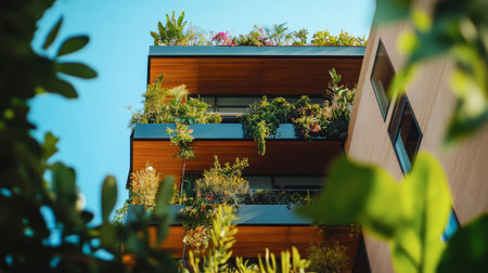 A stunning modern building featuring vibrant balcony gardens filled with various plants and flowers, showcasing a blend of nature and architecture in an urban setting.の素材