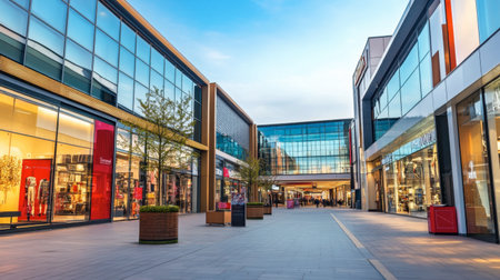 A vibrant shopping mall showcases modern architecture with expansive glass facades under a clear sky, perfect for urban lifestyle scenes and retail spaces.の素材