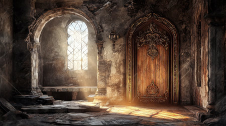 A captivating old room featuring a beautifully crafted wooden door illuminated by soft sunlight. The textures and shadows create an enchanting atmosphere.の素材