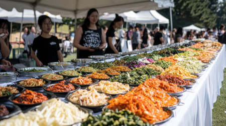 A vibrant outdoor food festival showcasing an array of colorful dishes. The tables are filled with fresh, appetizing plates highlighting diverse flavors and traditions.の素材