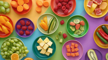 An eye-catching display of assorted fruits arranged on colorful plates, perfect for showcasing healthy eating and vibrant summer snacks.の素材
