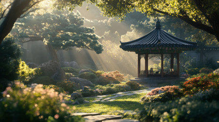 A tranquil garden scene featuring a traditional pavilion bathed in soft sunlight. The vibrant flowers and lush trees create a serene atmosphere perfect for relaxation and contemplation.の素材