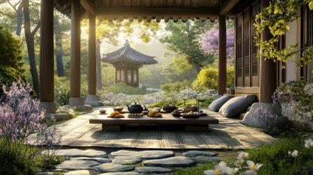 Experience tranquility with this serene outdoor tea setting in a beautiful garden, featuring traditional decor, soft sunlight, and a peaceful ambiance.の素材