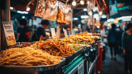 Explore a bustling food stall at a vibrant night market, showcasing a variety of delicious snacks and local cuisine, perfect for food lovers and cultural enthusiasts.の素材