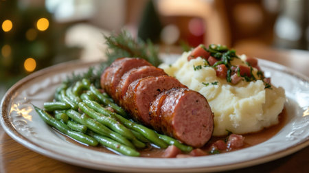 A mouthwatering plate featuring savory sausage sliced alongside creamy mashed potatoes and vibrant green beans, ideal for a cozy meal or festive gathering.の素材