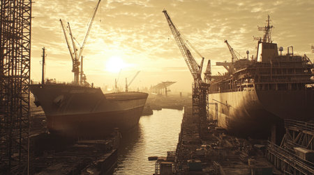 A stunning sunset illuminates a busy shipyard, showcasing cranes and massive vessels in silhouette. The scene captures the essence of maritime industry and construction.の素材