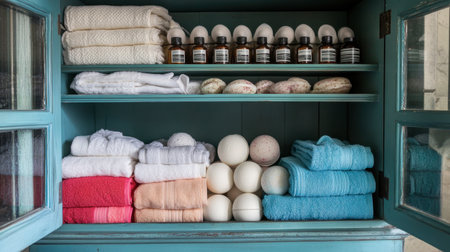 Neatly organized bathroom shelves featuring soft towels, bath bombs, and essential oils. This clean and inviting setup enhances home decor and wellness.の素材