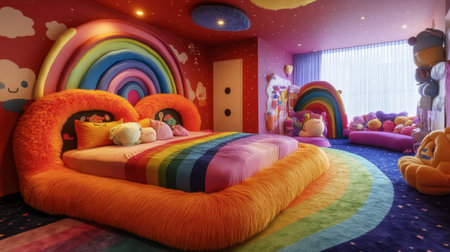 A vibrant and whimsical bedroom featuring a rainbow theme, plush furniture, and playful decor. Perfect for inspiring creativity and joy in kids.の素材