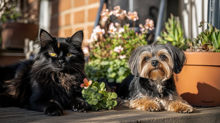 A charming cat and dog sit together in a sunlit garden. Surrounded by vibrant flowers, their adorable poses capture the essence of pet companionship and tranquility.の素材