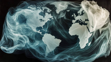 Stunning abstract representation of a world map intertwined with smoky effects, perfect for themes of geography, travel, and creativity.の素材