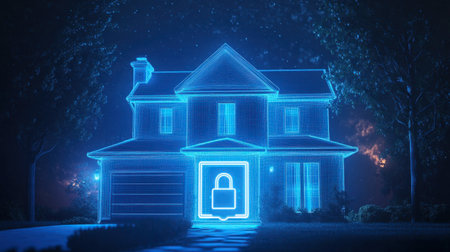 A digital representation of a modern house featuring a glowing lock, symbolizing home security and protection in a futuristic setting.の素材