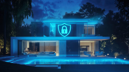 A contemporary house illuminated at night, featuring a glowing security symbol. The tranquil pool reflects the modern design and blue lighting, ensuring privacy.の素材