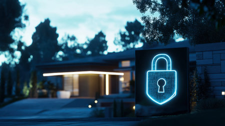 A sleek modern home features a glowing neon lock sign, symbolizing security and protection. The peaceful ambiance enhances the design's charm at night.の素材