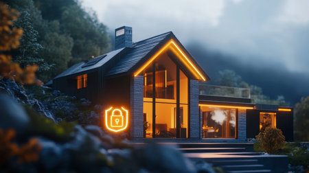 A stunning modern home illuminated by warm security lights, nestled against a tranquil mountain backdrop, showcasing a blend of comfort and contemporary design.の素材