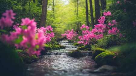 A tranquil stream flows through a lush forest, adorned with vibrant pink flowers. This picturesque scenery captures the essence of spring's beauty and serenity.の素材