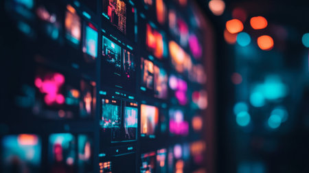 A colorful media wall filled with vibrant images creates a striking contrast against a blurred background, showcasing modern technology and digital art.の素材