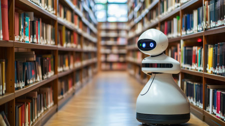 A friendly robot assistant guides visitors through a modern library, showcasing the blend of technology and education. Ideal for tech and learning concepts.の素材