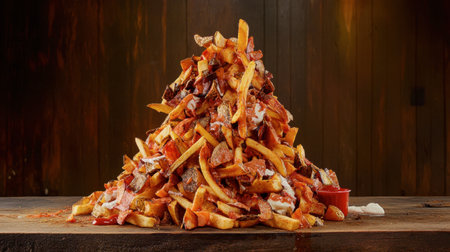 A towering pile of crispy fries topped with savory meats and drizzled with sauce, perfect for fast food lovers. A tempting, indulgent treat!の素材