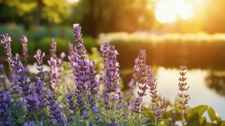 Enjoy a tranquil scene of lavender flowers in full bloom at sunset. This picturesque garden captures the serene beauty of nature, perfect for relaxation.の素材
