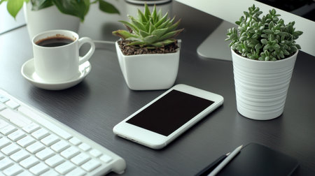 A modern workspace featuring a smartphone, a cup of coffee, and green succulents. This minimalistic setup creates an inviting and productive atmosphere.の素材