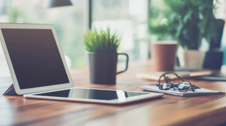 A serene modern workspace featuring digital devices, green plants, and coffee, perfect for showcasing productivity and comfort in a professional environment.の素材