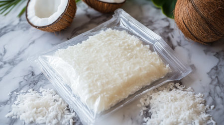 Delight in fresh coconut flakes displayed on a marble countertop, surrounded by whole coconuts, ideal for cooking, baking, and healthy snacks.の素材