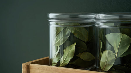 Two clear glass jars filled with fresh bay leaves on a wooden shelf. The minimalist design emphasizes the natural beauty of the herbs, perfect for kitchen aesthetics.の素材