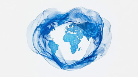This abstract image features a world map surrounded by flowing blue lines, symbolizing global connections and creativity in art and design.の素材