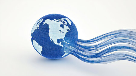 This visually striking image features a blue globe with flowing waves, symbolizing global connectivity and environmental awareness. Ideal for technology and travel themes.の素材