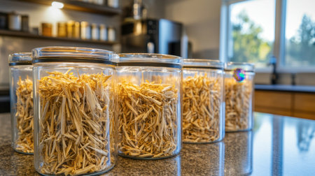 Glass jars filled with dried herbs are displayed on a kitchen counter, showcasing a blend of natural ingredients in a modern and organized setting.の素材