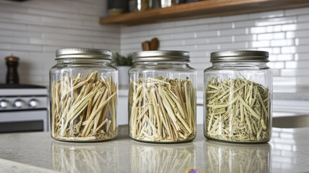 Three clear glass jars filled with dried herbs, elegantly displayed on a kitchen counter. Perfect for adding a touch of nature and organization to your cooking space.の素材