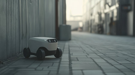 A compact delivery robot navigates a quiet urban street, showcasing modern technology and automation in everyday life. Ideal for concepts of innovation and convenience.の素材