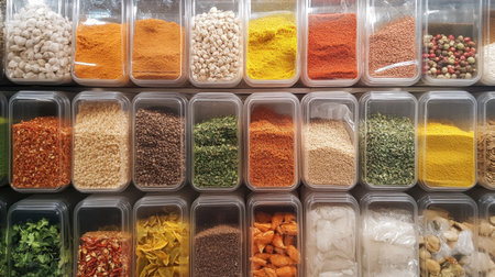 Vibrant display of assorted spices in transparent containers, showcasing a variety of colors and textures, perfect for culinary enthusiasts and food photography.の素材