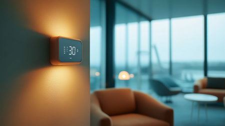 A sleek smart thermostat mounted on a wall emits a warm glow in a modern living room setting, showcasing comfort and energy efficiency in home design.の素材