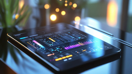 A sleek tablet displaying a vibrant music software interface, perfect for showcasing modern technology in creative workspaces. Ideal for tech and music themes.の素材