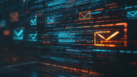 A vibrant digital representation of email notifications showcasing a futuristic design. Colorful icons and data lines illustrate modern communication technology.の素材