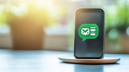A modern smartphone displaying a messaging app icon with a vibrant green background, perfect for illustrating communication and digital interaction concepts.の素材