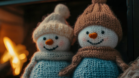 Two charming handmade snowmen sit by a glowing fireplace, adding a cozy and festive atmosphere to the winter season. Perfect for holiday decor.の素材