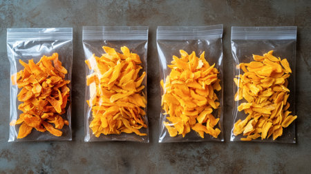 Colorful dried mango slices are neatly arranged in clear plastic bags, showcasing their vibrant yellow hues. Ideal for snacking, baking, or culinary use.の素材