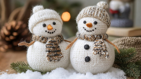 Two charming knitted snowmen with joyful expressions and cozy scarves, perfect for winter decor. A delightful addition to seasonal celebrations.の素材