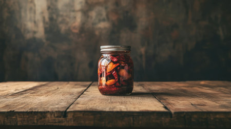 A rustic glass jar filled with preserved fruits sits elegantly on a weathered wooden table, capturing the essence of homemade delicacies and natural beauty.の素材