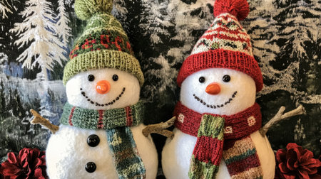 Two cheerful snowmen dressed in colorful knit hats and scarves bring a festive spirit to any winter scene, perfect for holiday decorations and joyful moments.の素材